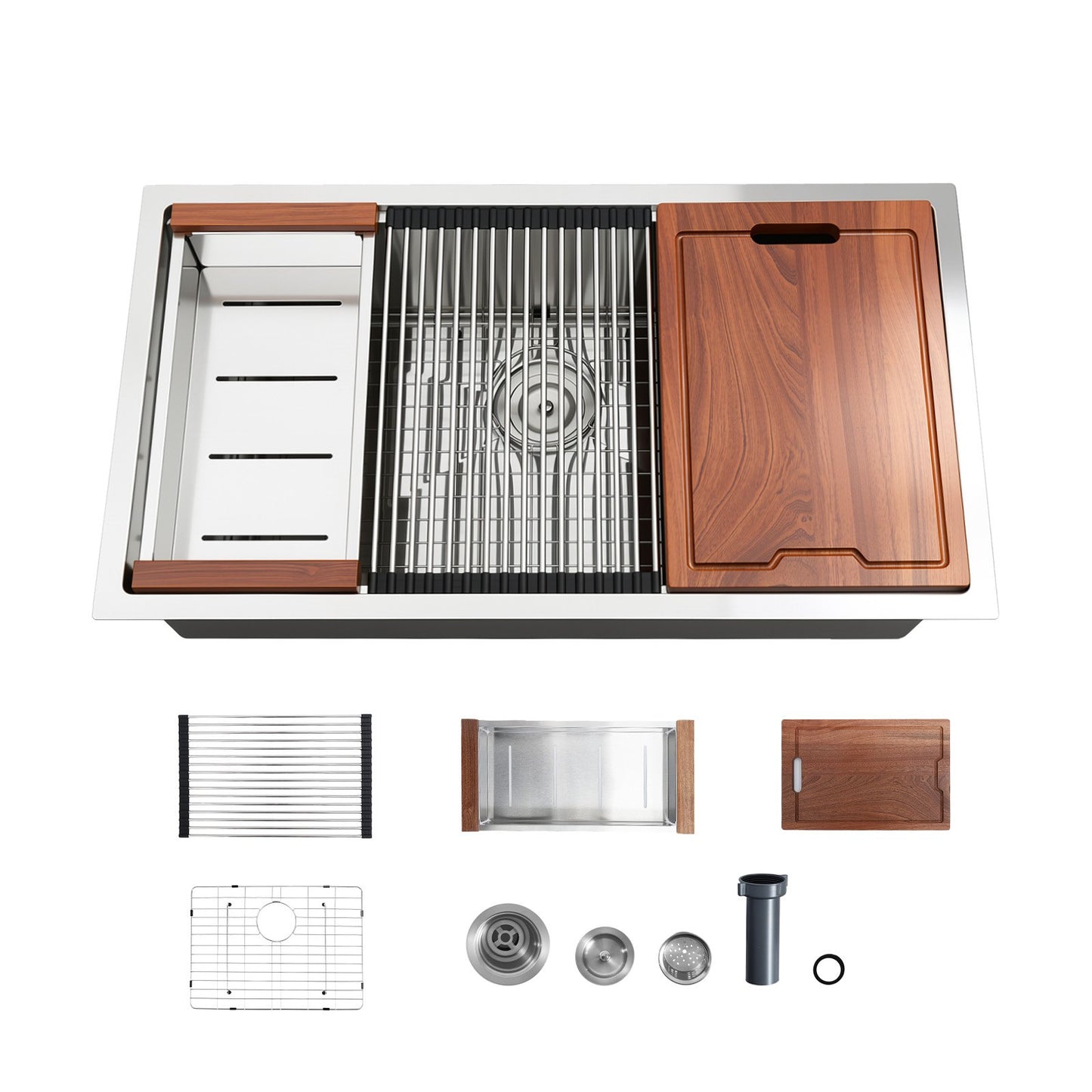 84 cm Kitchen Undermount Single Bowl Sinks, Stainless Steel Drop-In Farmhouse Basin with Ledge & Accessories, Household Dishwasher Sinks for RV, Prep Kitchen, Laundry Room, Bar