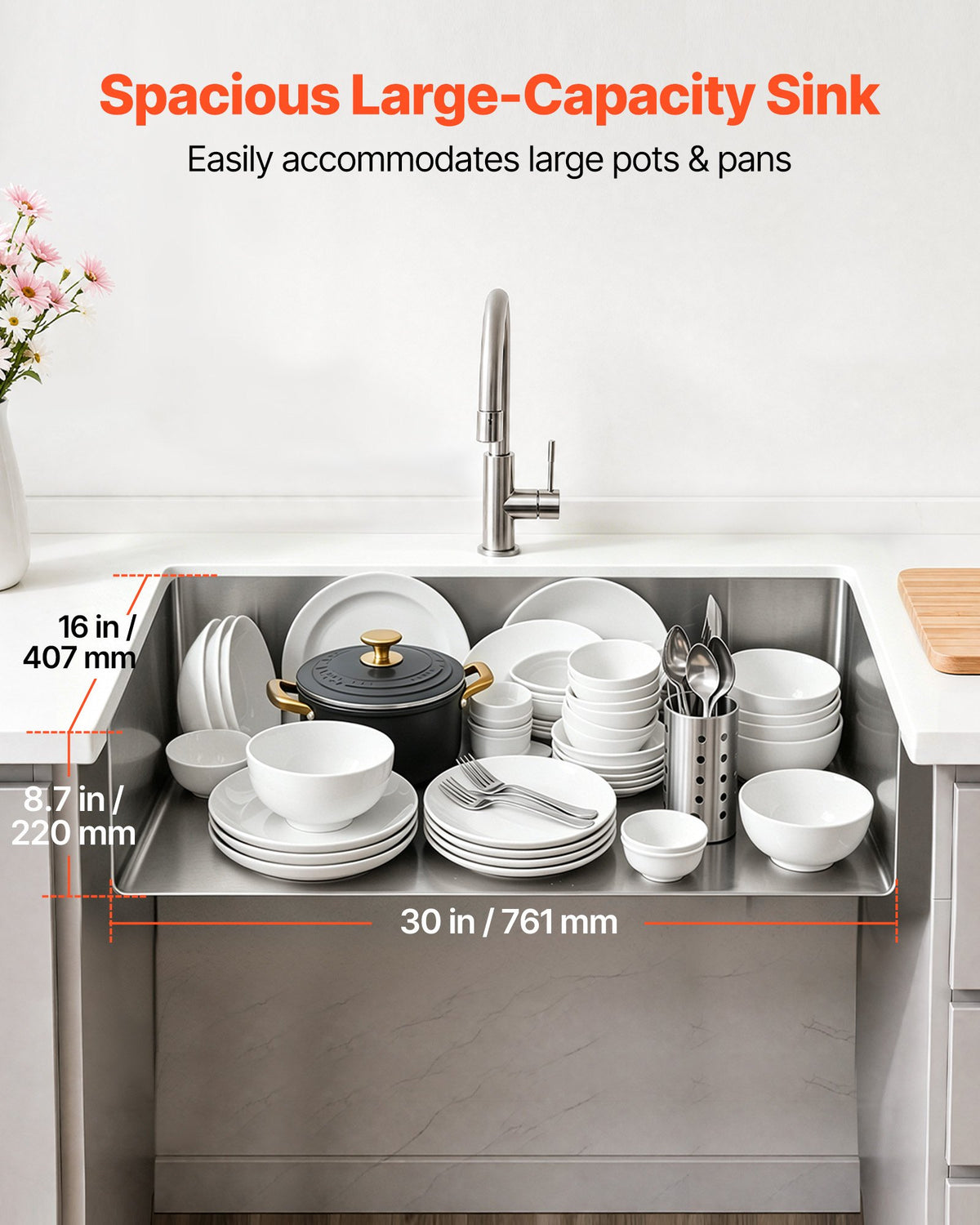 81 cm Kitchen Undermount Single Bowl Sinks, Stainless Steel Drop-In Farmhouse Basin with Accessories, Household Dishwasher Sinks for RV, Prep Kitchen, Laundry Room, Bar
