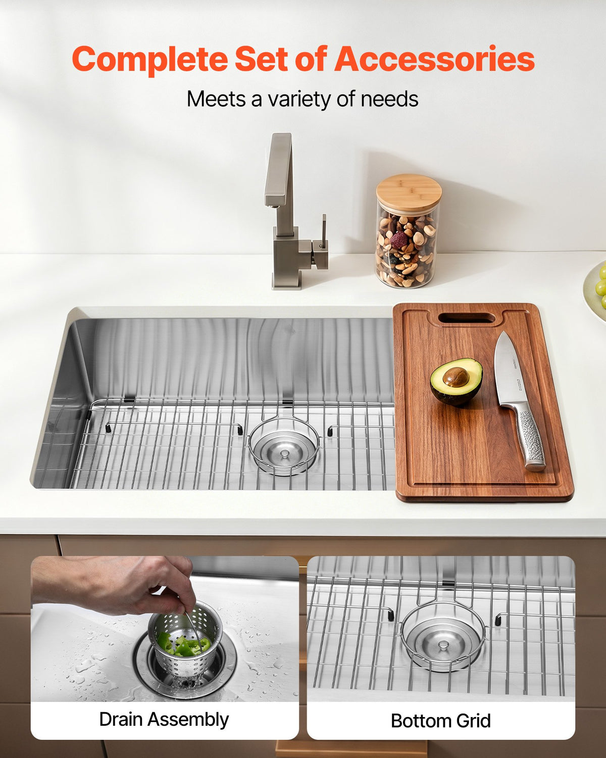 81 cm Kitchen Undermount Single Bowl Sinks, Stainless Steel Drop-In Farmhouse Basin with Accessories, Household Dishwasher Sinks for RV, Prep Kitchen, Laundry Room, Bar