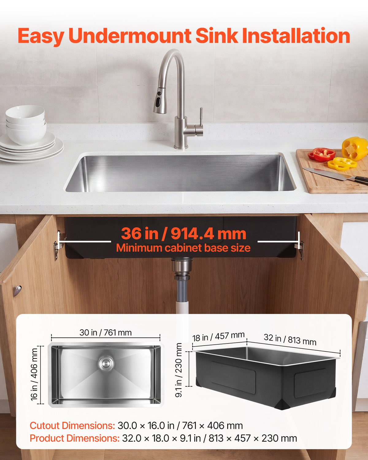81 cm Kitchen Undermount Single Bowl Sinks, Stainless Steel Drop-In Farmhouse Basin with Accessories, Household Dishwasher Sinks for RV, Prep Kitchen, Laundry Room, Bar