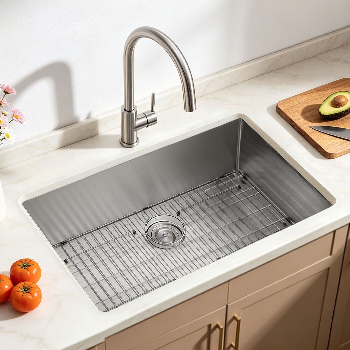 81 cm Kitchen Undermount Single Bowl Sinks, Stainless Steel Drop-In Farmhouse Basin with Accessories, Household Dishwasher Sinks for RV, Prep Kitchen, Laundry Room, Bar