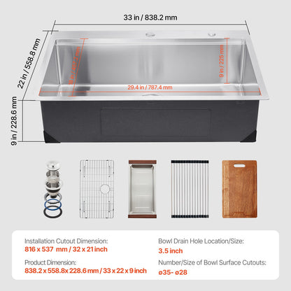 VEVOR 33" Kitchen Sink Top Mount Single Bowl Drop-In Basin Stainless Steel Bar