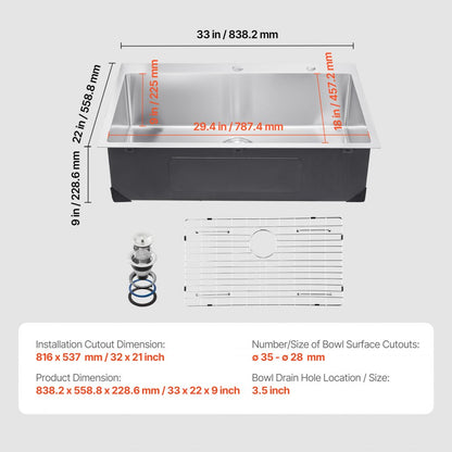 VEVOR 33" Kitchen Sink Top Mount Single Bowl Drop-In Basin Stainless Steel Bar