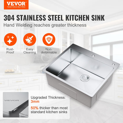 Stainless Steel Top Mount Sink, 0.63m x 0.56m, Single Bowl with Accessories (2-Pack)