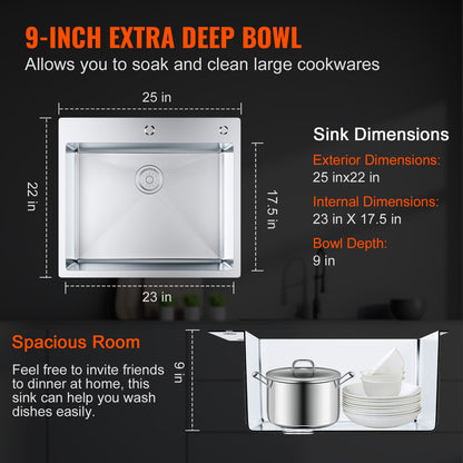 VEVOR Kitchen Sink, 304 Stainless Steel Drop-In Sinks, Top Mount Single Bowl Basin