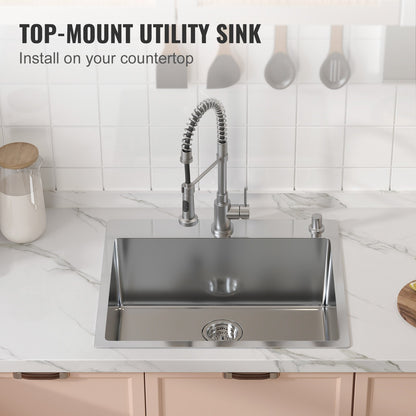 VEVOR Kitchen Sink, 304 Stainless Steel Drop-In Sinks, Top Mount Single Bowl Basin
