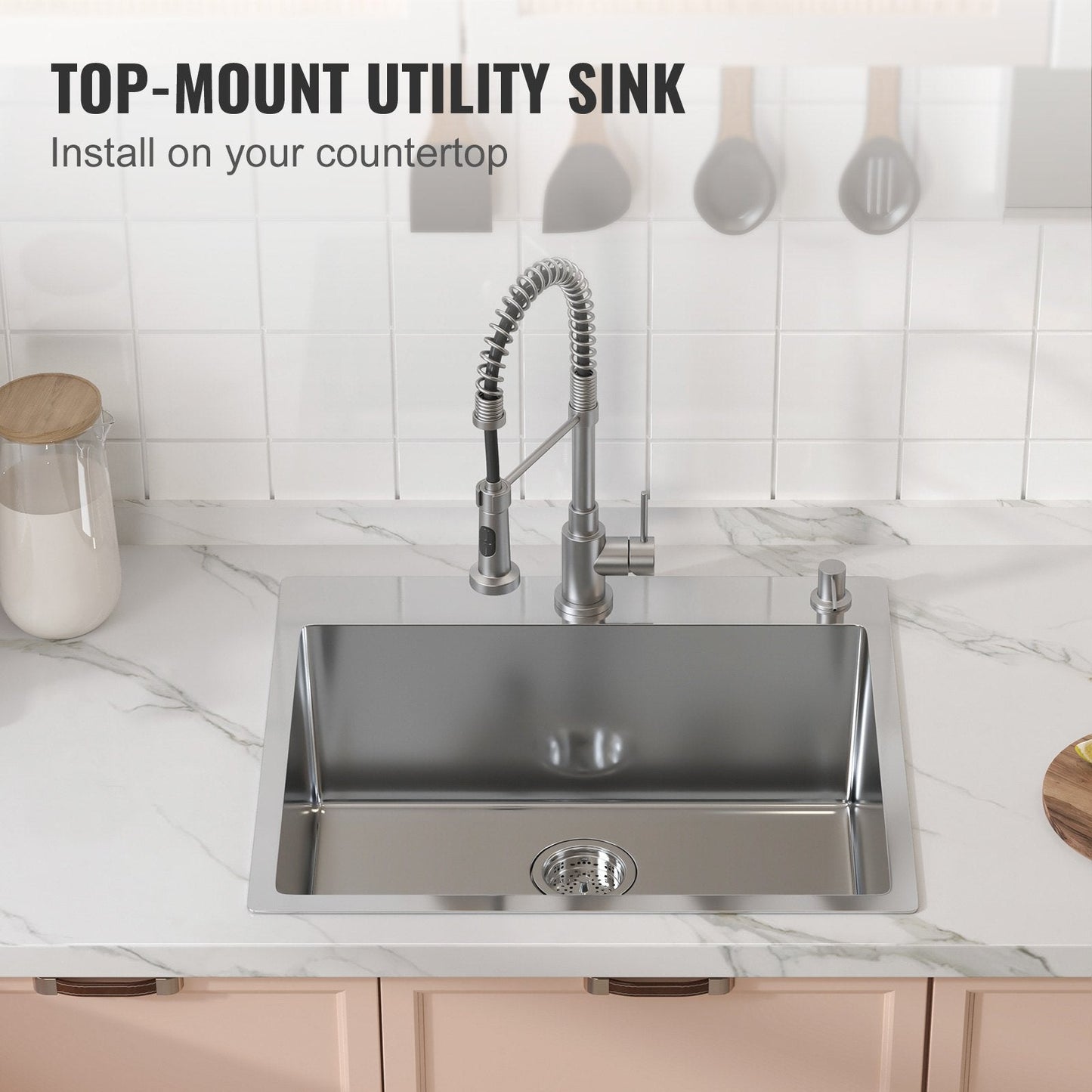 Stainless Steel Top Mount Sink, 0.63m x 0.56m, Single Bowl with Accessories (2-Pack)