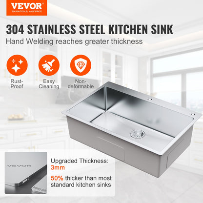 VEVOR Kitchen Sink, 304 Stainless Steel Drop-In Sinks, Top Mount Single Bowl Basin