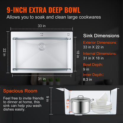 VEVOR Kitchen Sink, 304 Stainless Steel Drop-In Sinks, Top Mount Single Bowl Basin