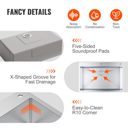 VEVOR Kitchen Sink, 304 Stainless Steel Drop-In Sinks, Top Mount Single Bowl Basin