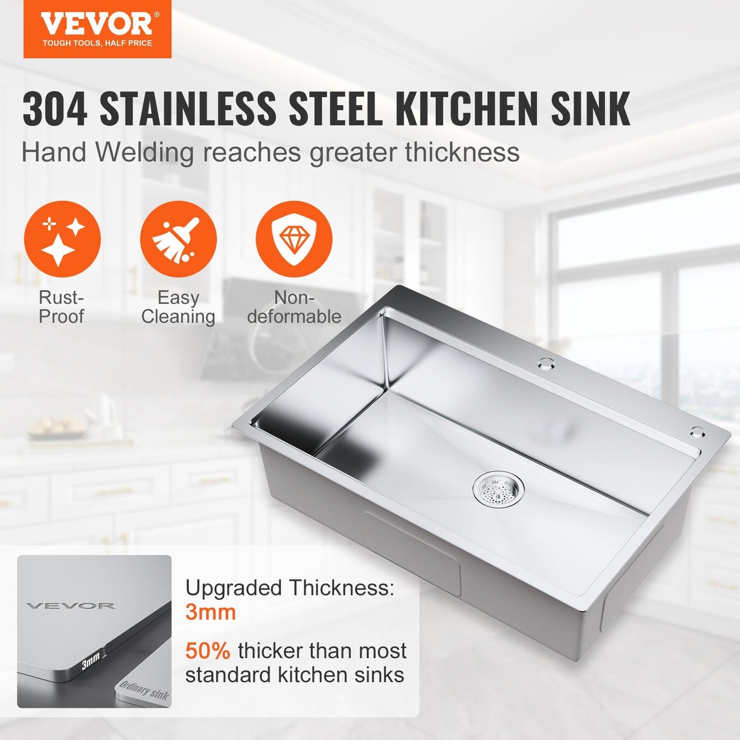 Stainless Steel Top Mount Kitchen Sink, Single Bowl with Ledge, 0.84m