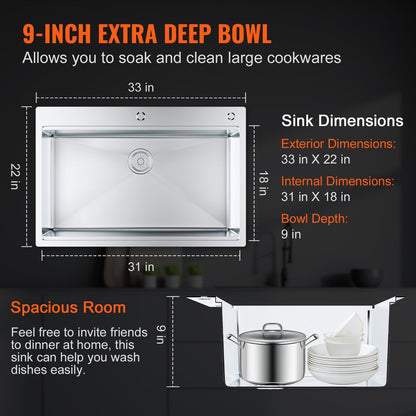 VEVOR Kitchen Sink, 304 Stainless Steel Drop-In Sinks, Top Mount Single Bowl Basin