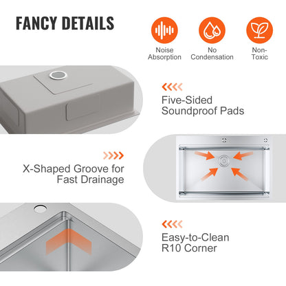 VEVOR Kitchen Sink, 304 Stainless Steel Drop-In Sinks, Top Mount Single Bowl Basin