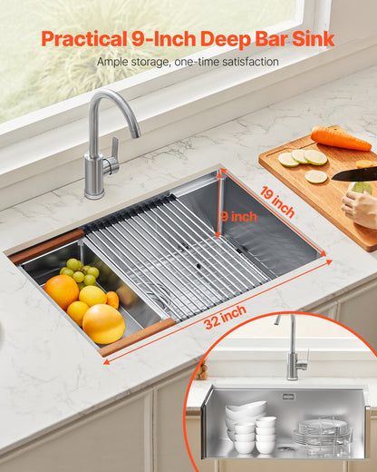 VEVOR 32" Kitchen Sink Undermount Single Bowl Drop-In Basin Stainless Steel Bar