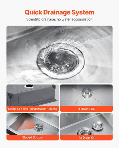 VEVOR 32" Kitchen Sink Undermount Single Bowl Drop-In Basin Stainless Steel Bar