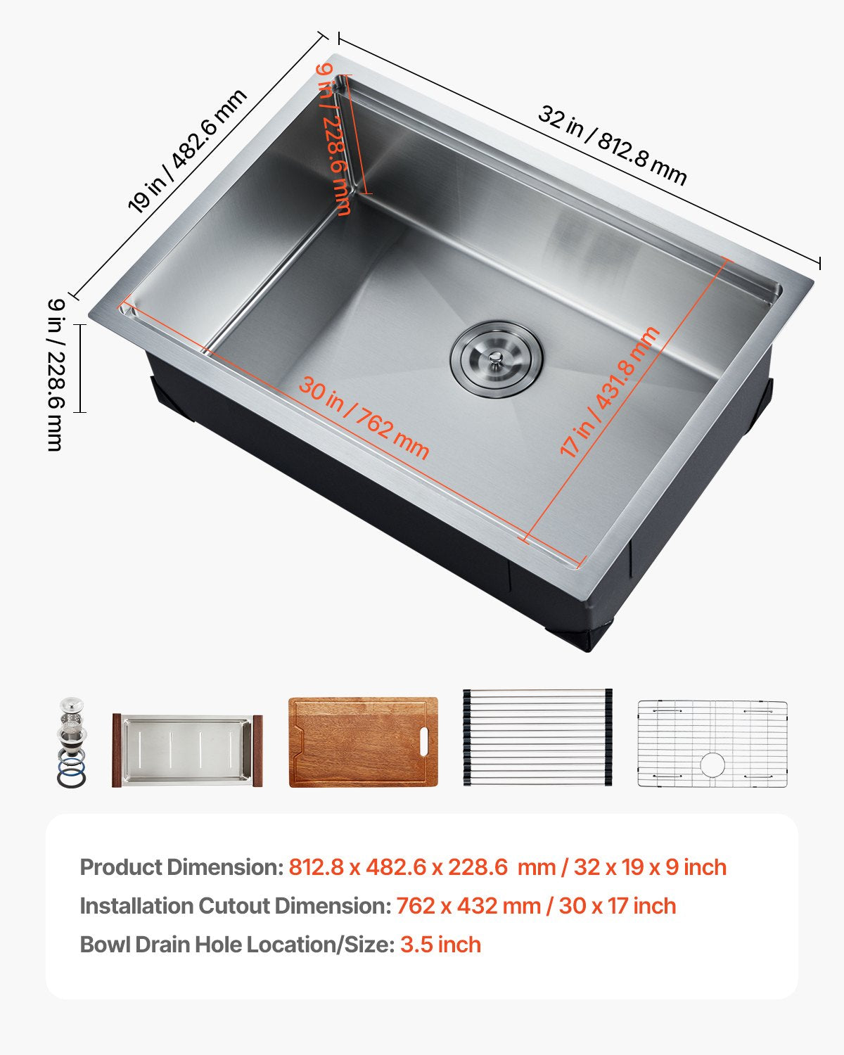 VEVOR 32" Kitchen Sink Undermount Single Bowl Drop-In Basin Stainless Steel Bar