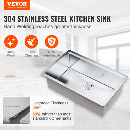 Stainless Steel Drop-In Undermount Kitchen Sink, Single Bowl, 0.76x0.48m
