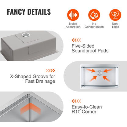 Stainless Steel Drop-In Undermount Kitchen Sink, Single Bowl, 0.76x0.48m