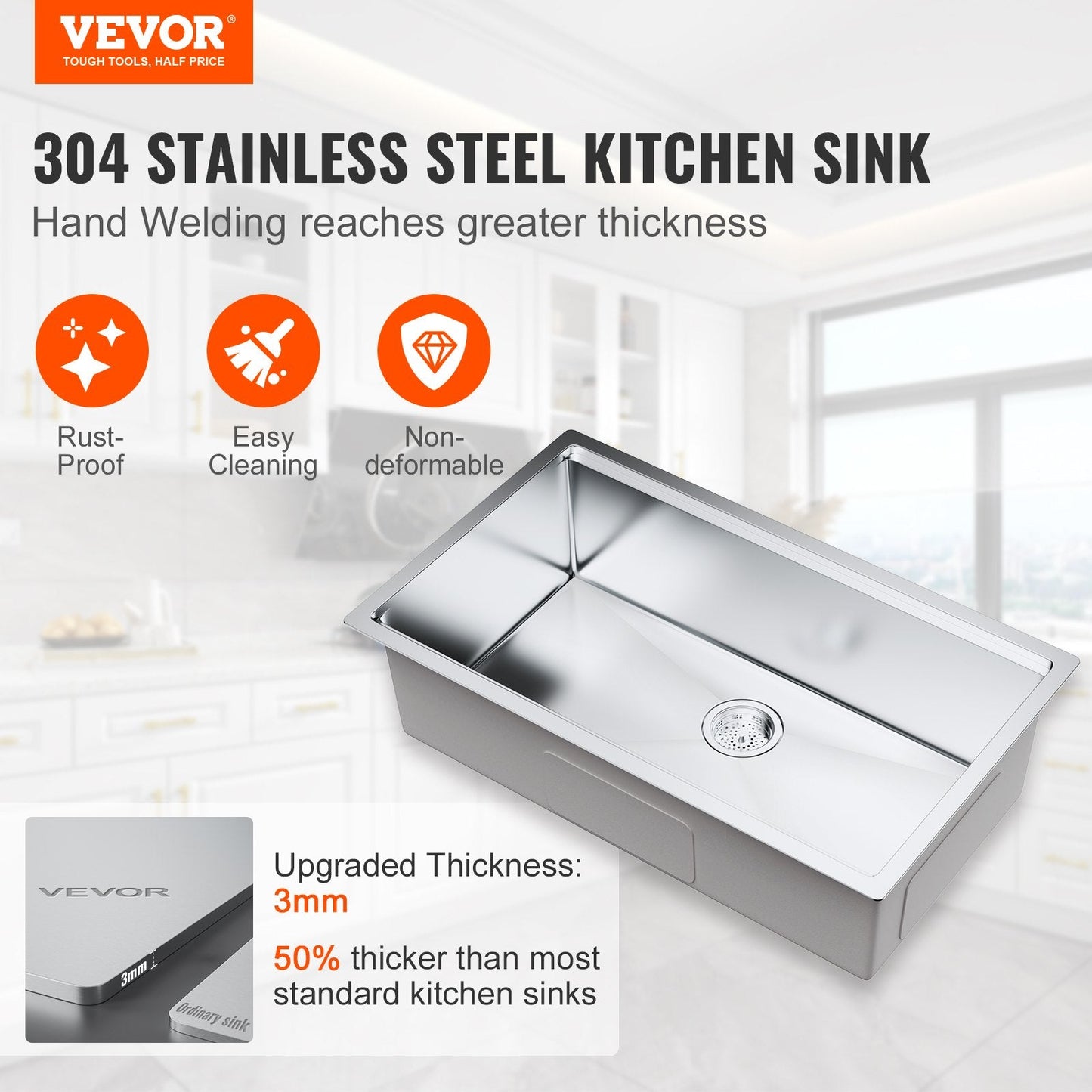 Stainless Steel Undermount Sink with Ledge & Accessories, 0.8m x 0.5m Basin