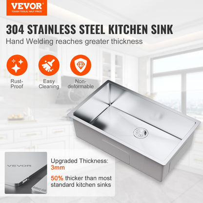 VEVOR Kitchen Sink, 304 Stainless Steel Drop-In Sinks, Undermount Single Bowl Basin