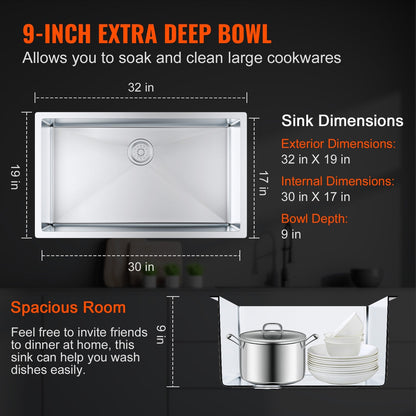 Stainless Steel Undermount Kitchen Sink with Accessories, 0.8m x 0.5m Basin