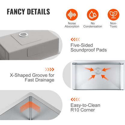 Stainless Steel Undermount Kitchen Sink with Accessories, 0.8m x 0.5m Basin