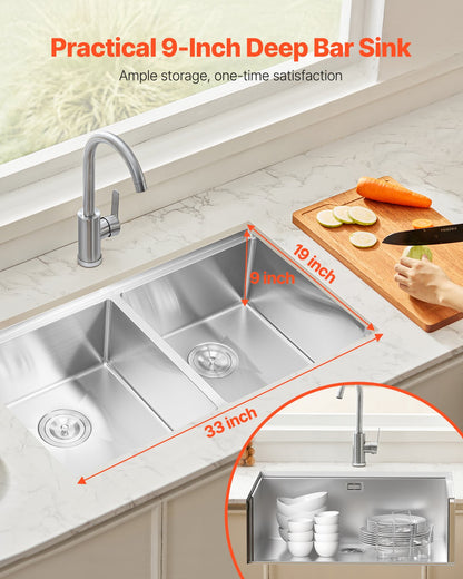 VEVOR 33" Kitchen Sink Undermount Double Bowl Drop-In Basin Stainless Steel Bar