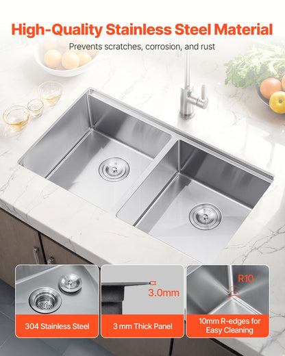 VEVOR 33" Kitchen Sink Undermount Double Bowl Drop-In Basin Stainless Steel Bar