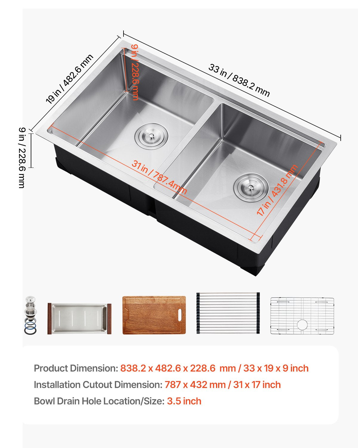 VEVOR 33" Kitchen Sink Undermount Double Bowl Drop-In Basin Stainless Steel Bar
