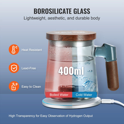 Portable Hydrogen Water Generator with Wireless Charging, 400 ml Glass Cup