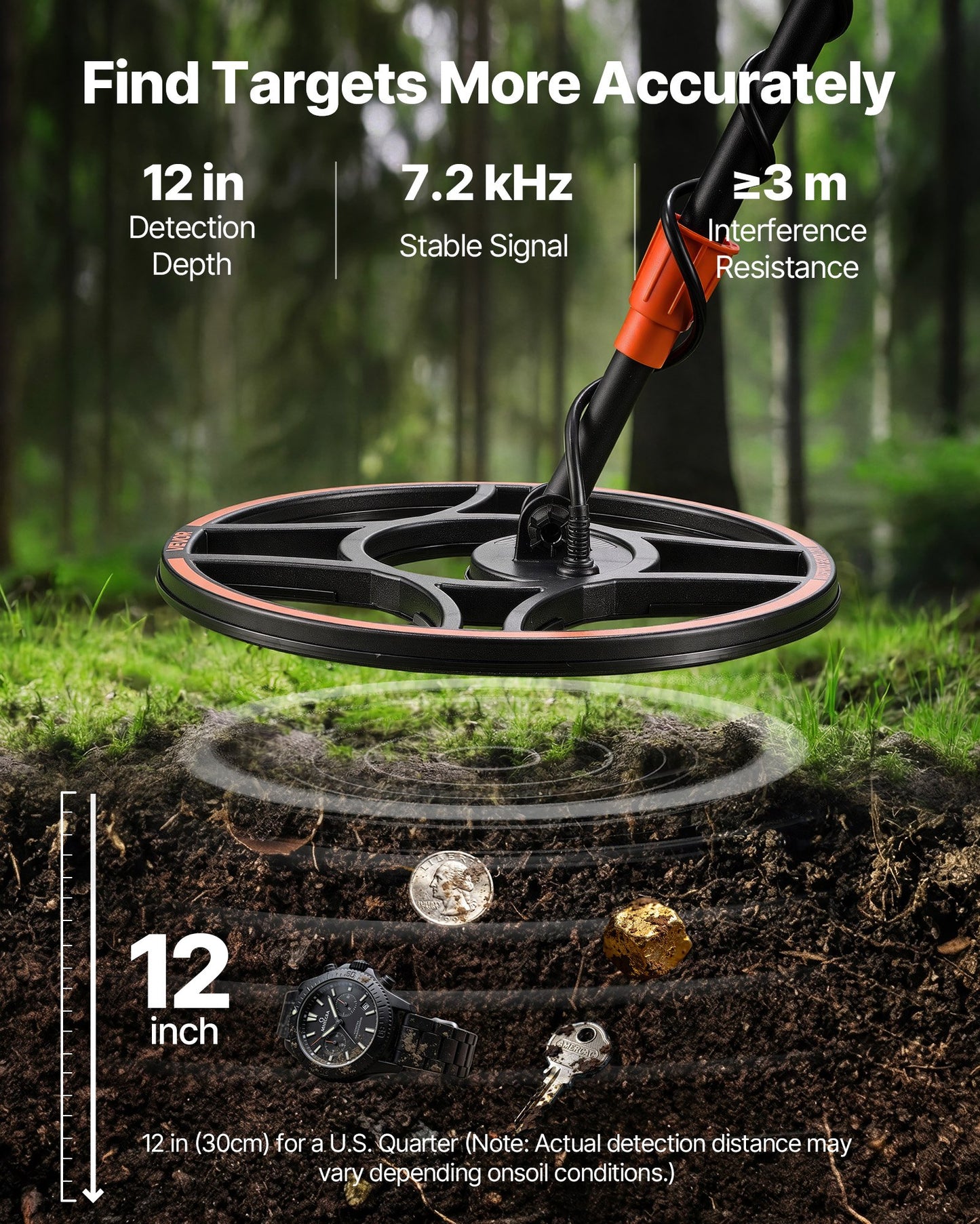 Waterproof Metal Detector, 304.8 mm, Professional High Accuracy Gold Detector for Adults, with Display, Wireless Headphones, 7 Modes, Adjustable Length, for Detecting Gold Treasure Hunting, IP68