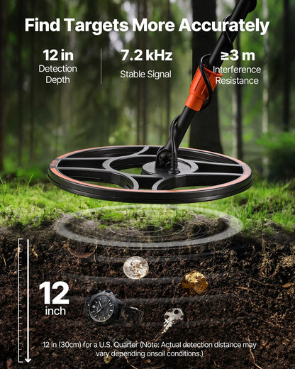 Waterproof Metal Detector, 304.8 mm, Professional High Accuracy Gold Detector for Adults, with Display, Wireless Headphones, 7 Modes, Adjustable Length, for Detecting Gold Treasure Hunting, IP68