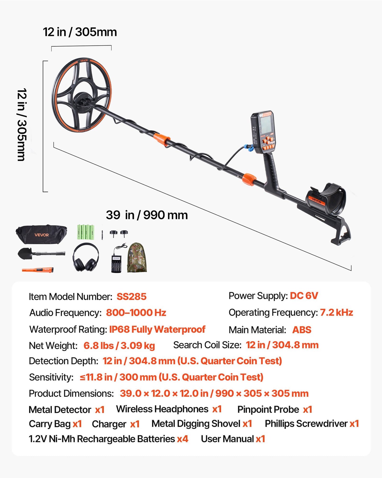 Waterproof Metal Detector, 304.8 mm, Professional High Accuracy Gold Detector for Adults, with Display, Wireless Headphones, 7 Modes, Adjustable Length, for Detecting Gold Treasure Hunting, IP68