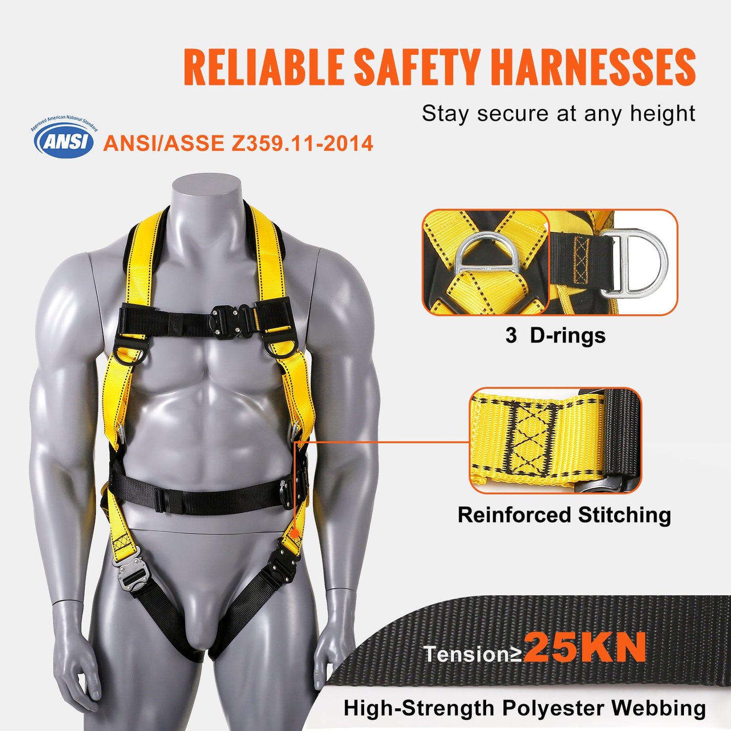 VEVOR Safety Harness Full Body Harness with Padding & Quick Connect Buckles (L)