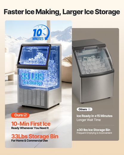 Commercial Ice Maker Machine, 59kg/24H with 15kg Storage, 45 Cubes per Cycle, Stainless Steel Freestanding & Under Counter Ice Maker with LED Display & Self-Cleaning, for Home Bar Restaurant