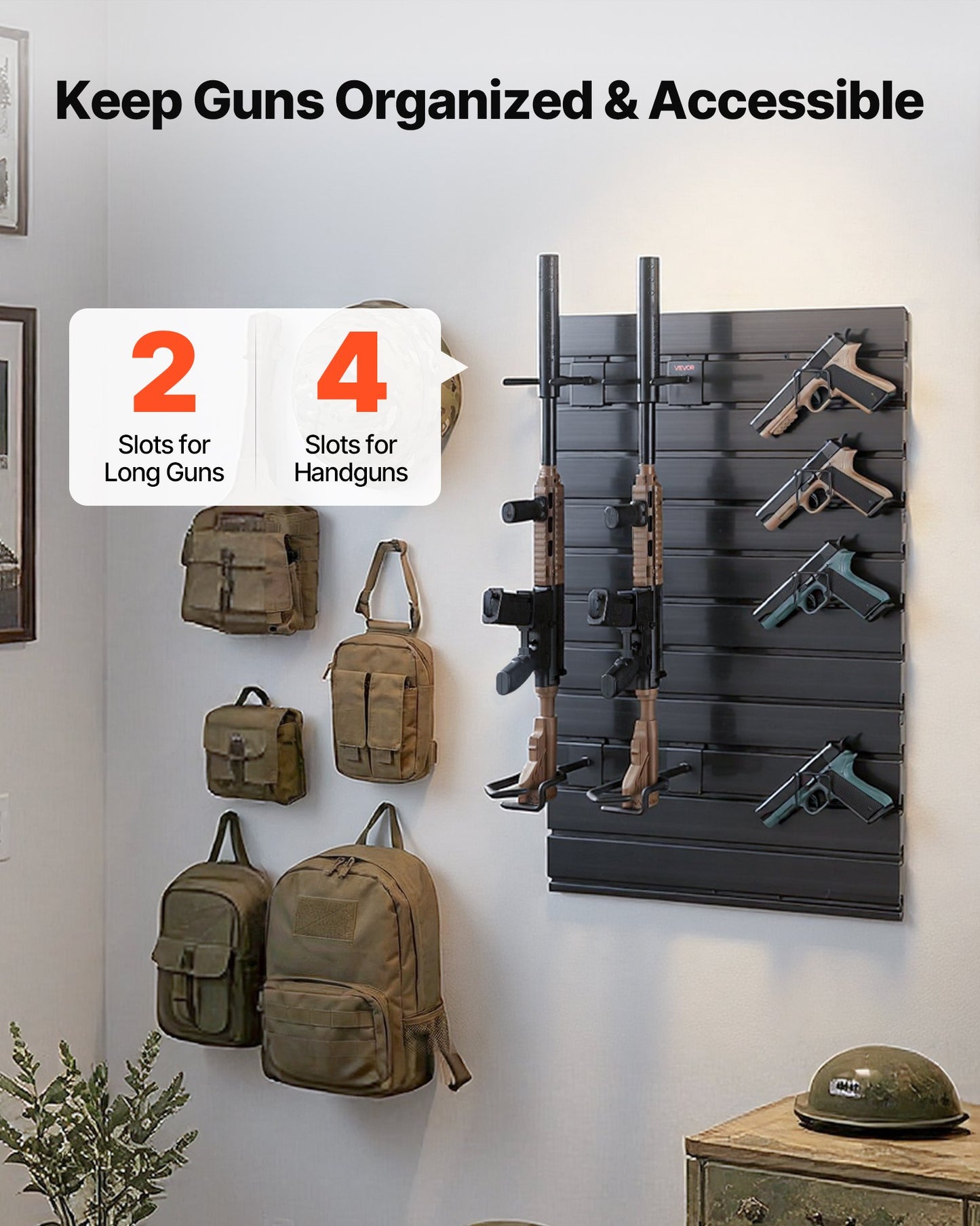Gun Rack, Wall Mount, Tactical Rifle Shotgun Handgun Storage, Heavy-Duty PVC Panels & Steel Wall Racks, Securely Holds up to 2 Rifles & 4 Pistols, Modular Firearms Gun Gear Accessories Organizer
