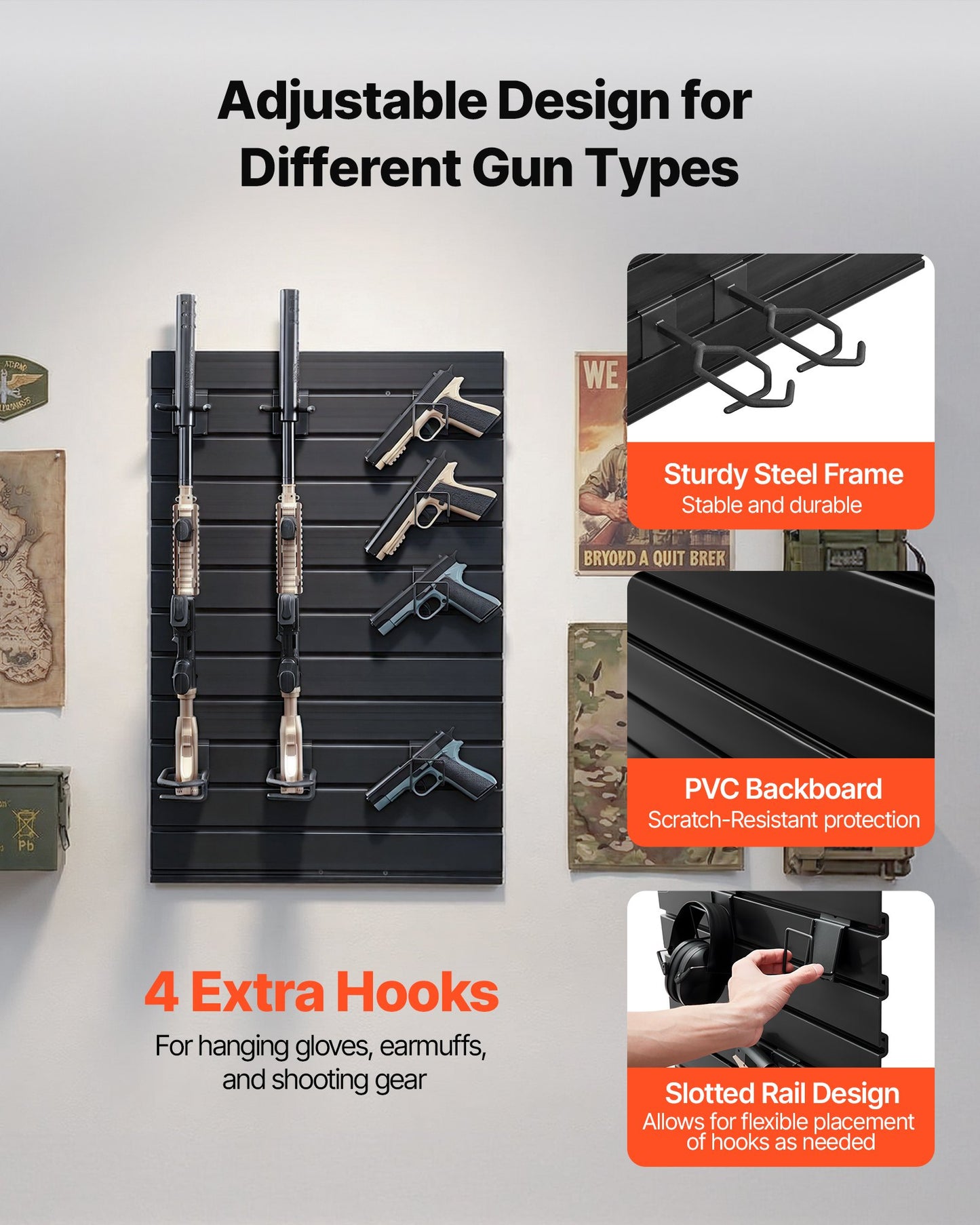 Gun Rack, Wall Mount, Tactical Rifle Shotgun Handgun Storage, Heavy-Duty PVC Panels & Steel Wall Racks, Securely Holds up to 2 Rifles & 4 Pistols, Modular Firearms Gun Gear Accessories Organizer