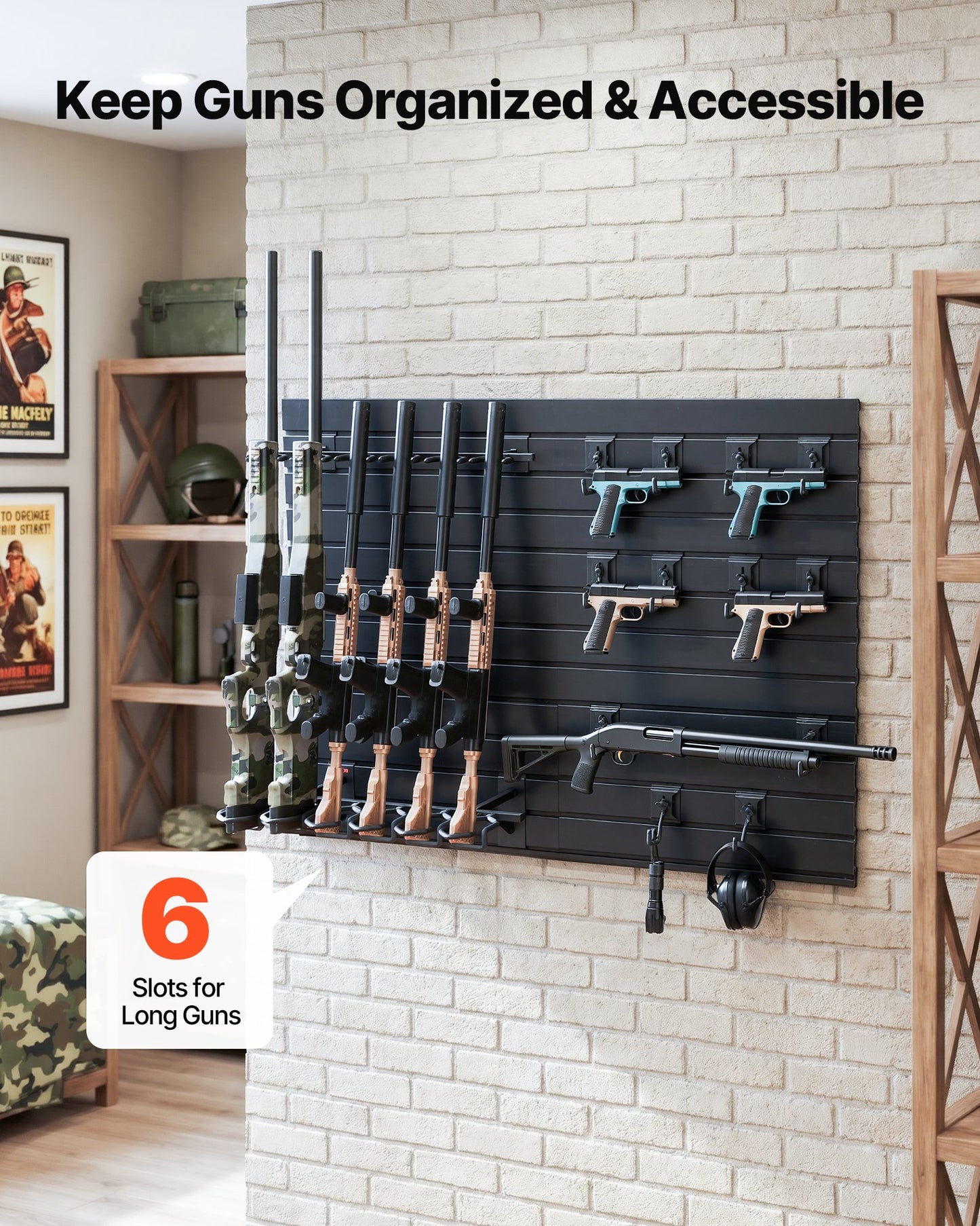 Gun Rack, Wall Mount, Heavy-Duty Steel Tactical Rifle Carbine Shotgun Handgun Storage Rack, Securely Holds up to 6 Rifles and 6 Pistols, Modular Firearms Gun Wall Gear Accessories Organizer