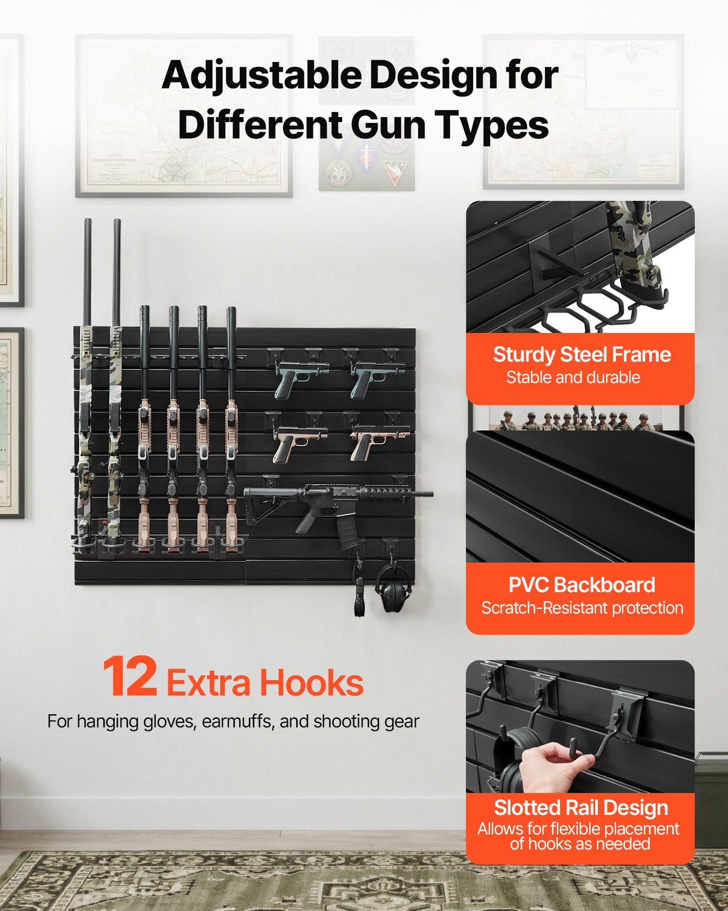 Gun Rack, Wall Mount, Heavy-Duty Steel Tactical Rifle Carbine Shotgun Handgun Storage Rack, Securely Holds up to 6 Rifles and 6 Pistols, Modular Firearms Gun Wall Gear Accessories Organizer