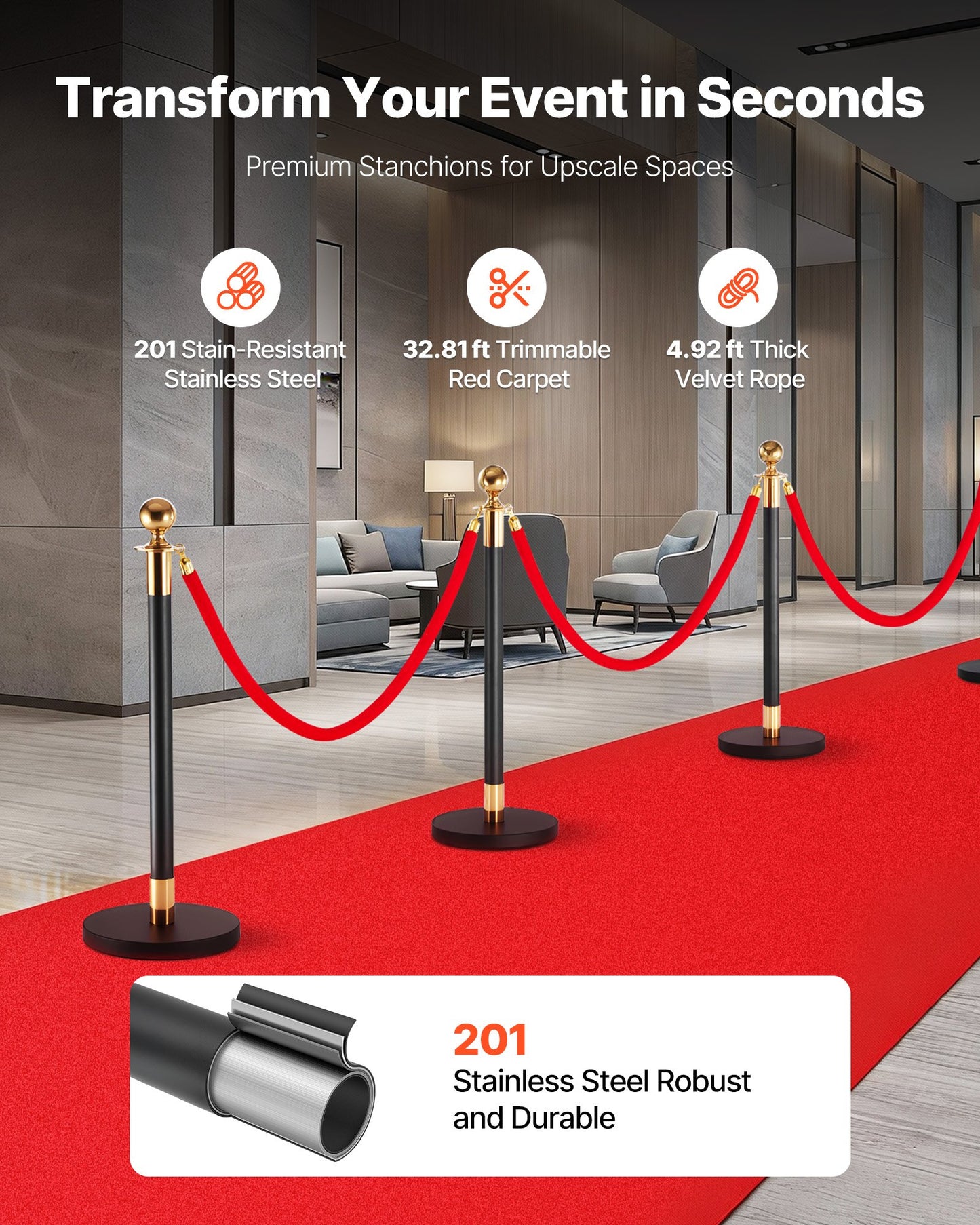 Stanchion Post, 6 Pcs Crowd Control Barrier Set with Red Carpet, 4 Red Velvet Ropes, Stainless Steel Gold Stanchion Post Queue with Hollow Base for Theater, Party, Wedding, Exhibition (Black)