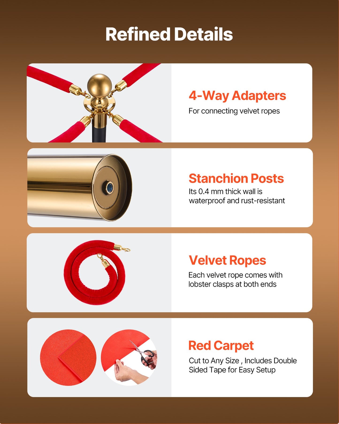 Stanchion Post, 6 Pcs Crowd Control Barrier Set with Red Carpet, 4 Red Velvet Ropes, Stainless Steel Gold Stanchion Post Queue with Hollow Base for Theater, Party, Wedding, Exhibition (Black)