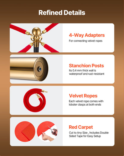 Stanchion Post, 6 Pcs Crowd Control Barrier Set with Red Carpet, 4 Red Velvet Ropes, Stainless Steel Gold Stanchion Post Queue with Hollow Base for Theater, Party, Wedding, Exhibition (Black)