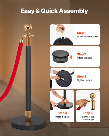 Stanchion Post, 6 Pcs Crowd Control Barrier Set with Red Carpet, 4 Red Velvet Ropes, Stainless Steel Gold Stanchion Post Queue with Hollow Base for Theater, Party, Wedding, Exhibition (Black)