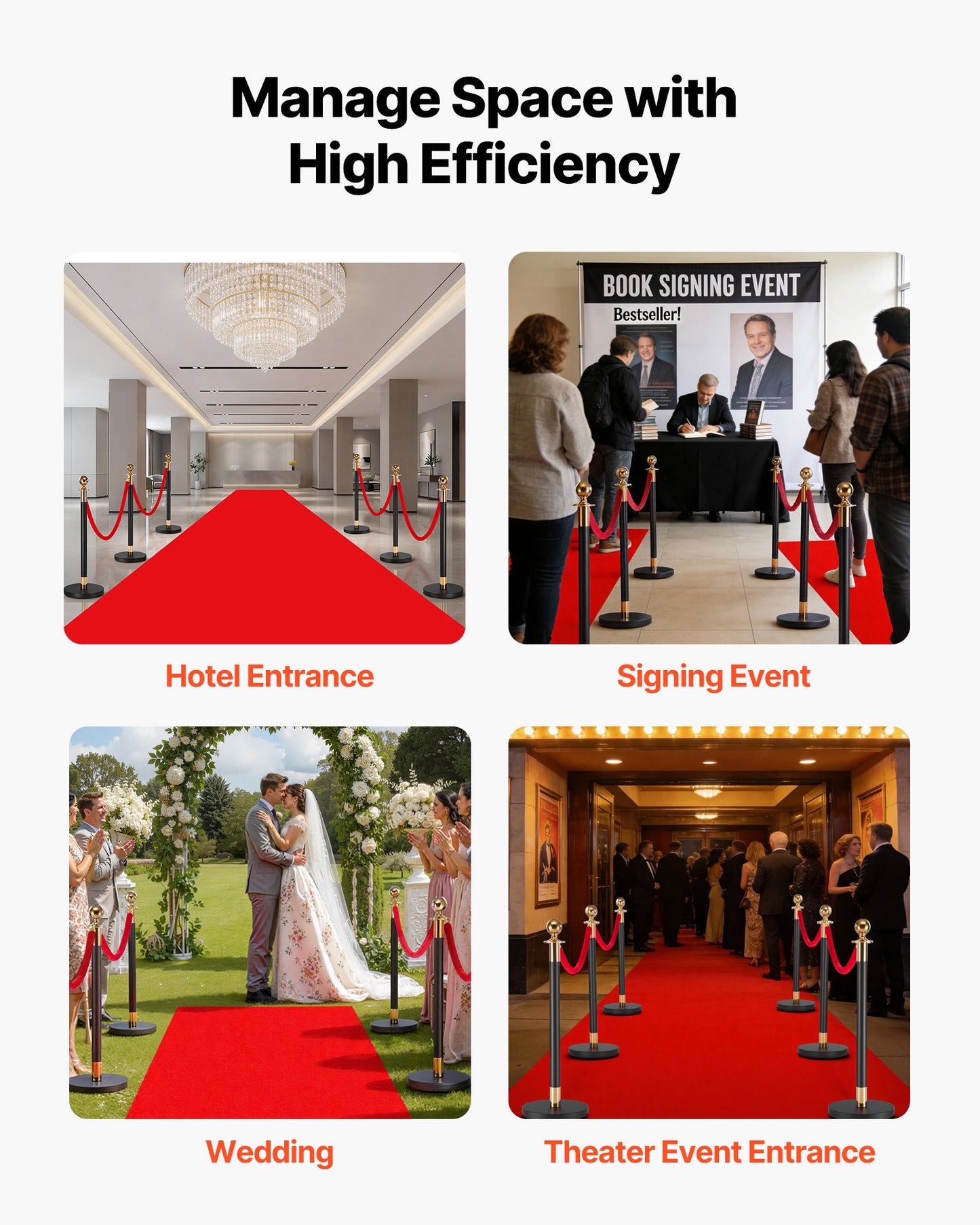 Stanchion Post, 6 Pcs Crowd Control Barrier Set with Red Carpet, 4 Red Velvet Ropes, Stainless Steel Gold Stanchion Post Queue with Hollow Base for Theater, Party, Wedding, Exhibition (Black)