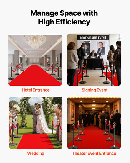 Stanchion Post, 6 Pcs Crowd Control Barrier Set with Red Carpet, 4 Red Velvet Ropes, Stainless Steel Gold Stanchion Post Queue with Hollow Base for Theater, Party, Wedding, Exhibition (Black)