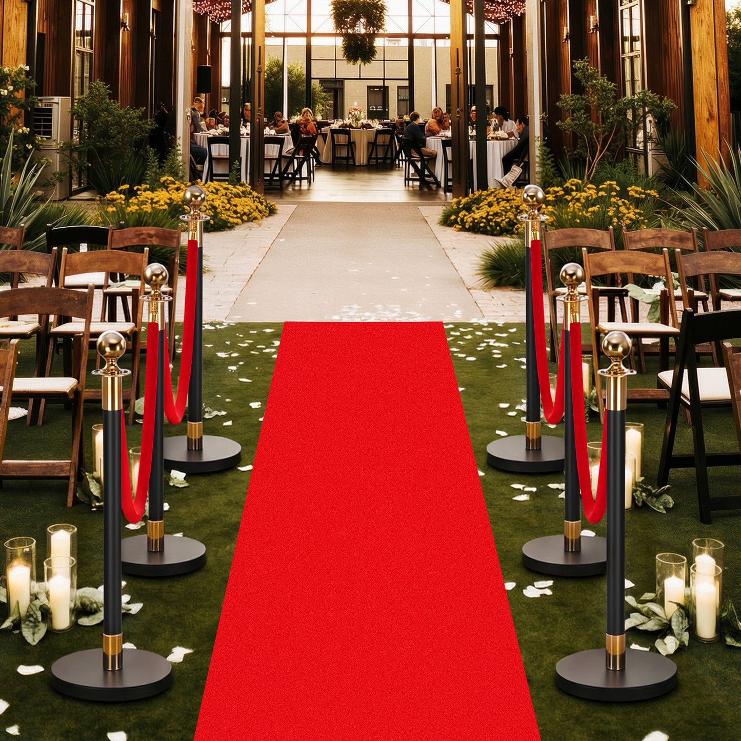 Stanchion Post, 6 Pcs Crowd Control Barrier Set with Red Carpet, 4 Red Velvet Ropes, Stainless Steel Gold Stanchion Post Queue with Hollow Base for Theater, Party, Wedding, Exhibition (Black)