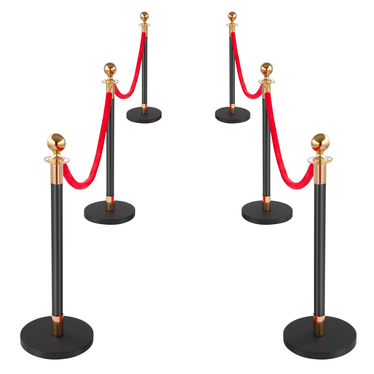 Stanchion Post, 6 Pcs Crowd Control Barrier Set with Red Carpet, 4 Red Velvet Ropes, Stainless Steel Gold Stanchion Post Queue with Hollow Base for Theater, Party, Wedding, Exhibition (Black)