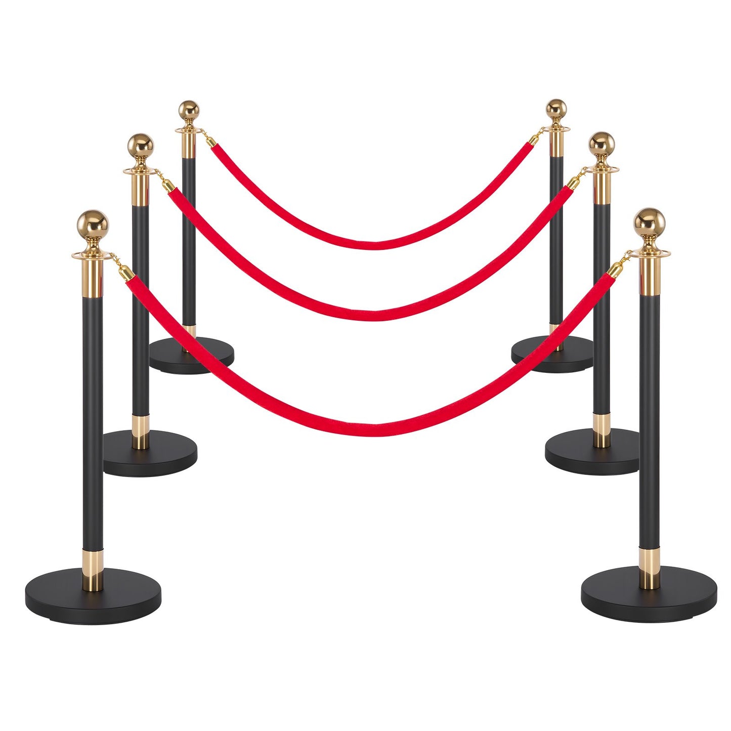 Stanchion Post, 6 Pcs Crowd Control Barrier Set with Red Carpet, 4 Red Velvet Ropes, Stainless Steel Gold Stanchion Post Queue with Hollow Base for Theater, Party, Wedding, Exhibition (Black)