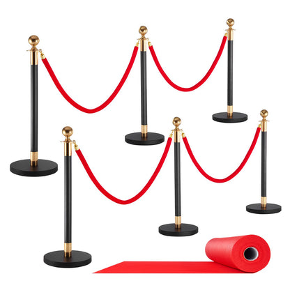 Stanchion Post, 6 Pcs Crowd Control Barrier Set with Red Carpet, 4 Red Velvet Ropes, Stainless Steel Gold Stanchion Post Queue with Hollow Base for Theater, Party, Wedding, Exhibition (Black)