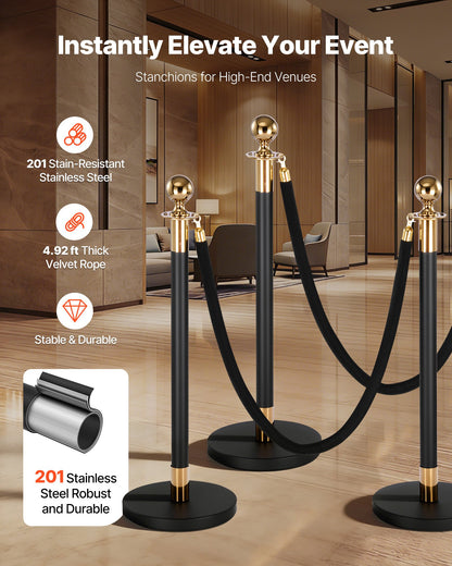 Stanchion Post, 4 Pcs Crowd Control Barrier Set with 2 Black Velvet Ropes, Heavy Duty Stainless Steel Stanchion Post Queue with Hollow Base for Theater, Party, Wedding, Exhibition, Event (Black)